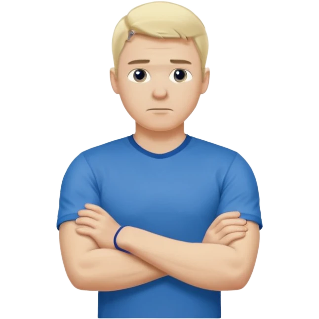 Pale blond man in blue football t shirt crossed arms (he is cold) emoji