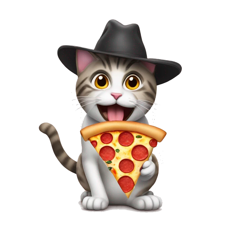 Emoticon de un gato con sombrero, comiendo pizza emoji