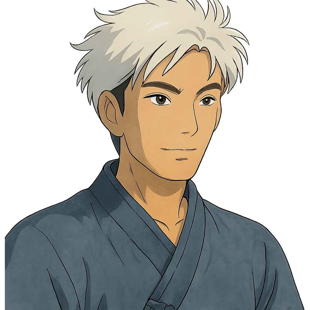 white haired handsome Chinese man in ghibli style, detailed and expressive emoji