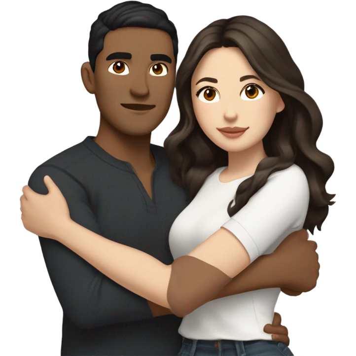 A pale half Asian man with short dark hair and amber eyes embracing and loving a white woman with long wavy brunette hair and dark hazel eyes. They love each other a lot And have good fashion taste and are hugging each other tight  emoji