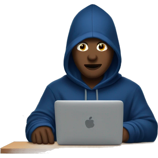 A man in a dark blue hoodie with a capelet on his head, his face not visible in the shadows, is sitting at a computer. emoji
