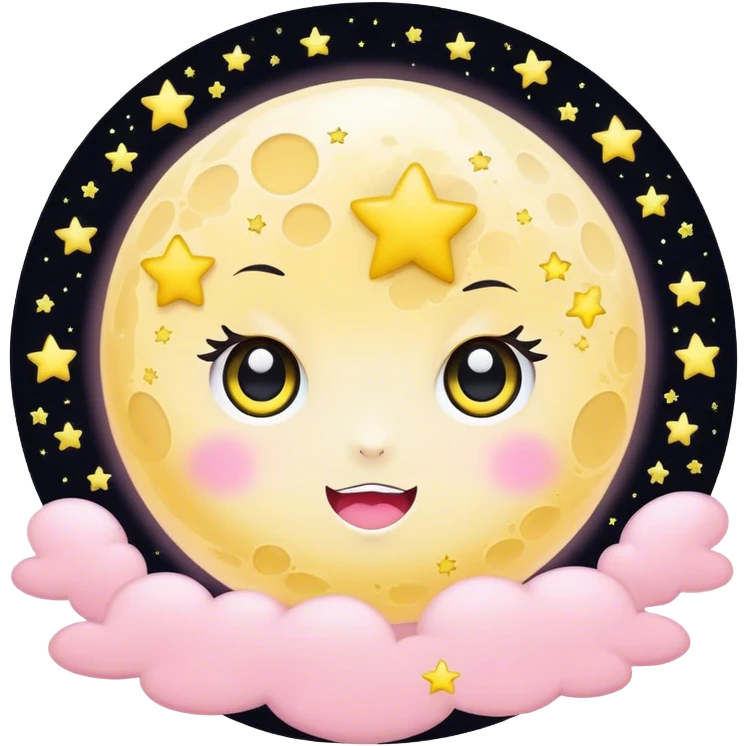 Full Moon and surrounded by stars light pink and yellow kawaii with black wide eyes emoji