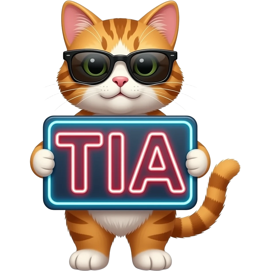 cat with sunglasses holding a large neon sign that says TIA emoji