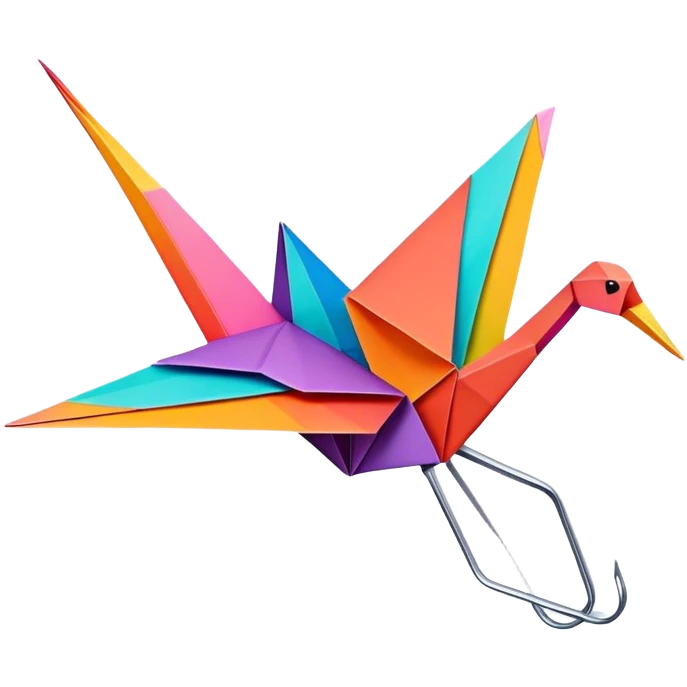 Paper crafting icon, origami crane, folded paper shapes, scissors, vibrant paper, clean folds, minimalistic style, transparent background. emoji