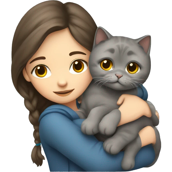 A brunette girl hugs a grey Scottish fold cat emoji