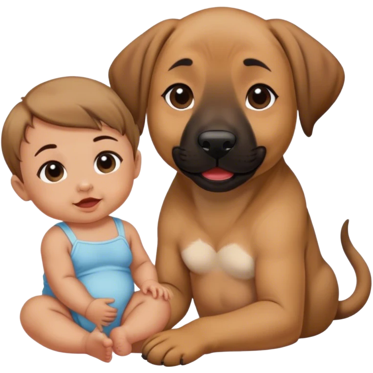 Black mouth cur sitting next to a baby with dimples and brown hair emoji