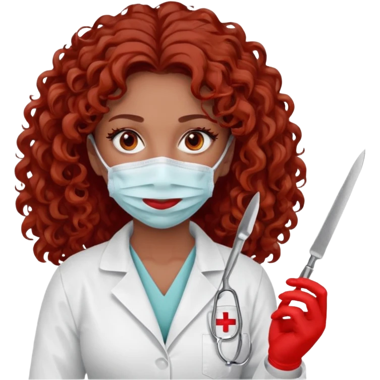 Scary woman scalpel in hand, evil surgeon sexy surgeon clothes.  She has red eyes. Her  brown long curly hair. Wears sexy doctor outfit with red gloves. make her hair free and brown but have mouthy  wear  mask  to hide. Wears white surgeon jacket and  has lon* brown hair. emoji