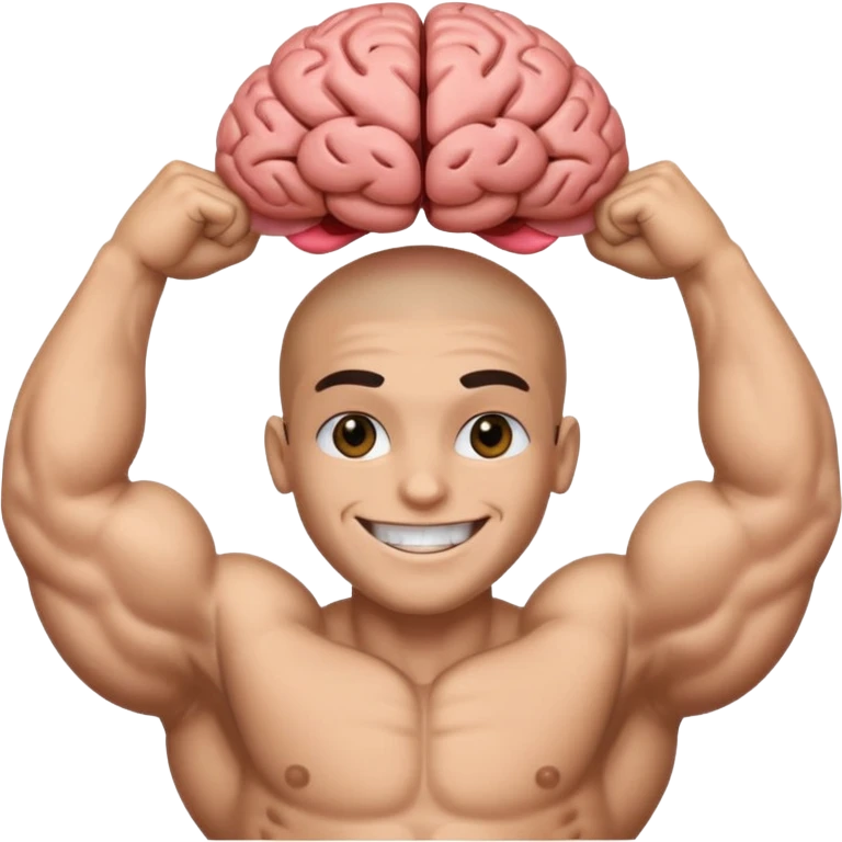 Un cerveau avec un immense sourire blanc, de beaux yeux noirs et de gros bras musclés qui sortent du cerveau emoji