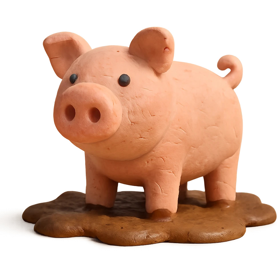 pig standing in mud, pastel colors, visible fingerprints, claymation style emoji