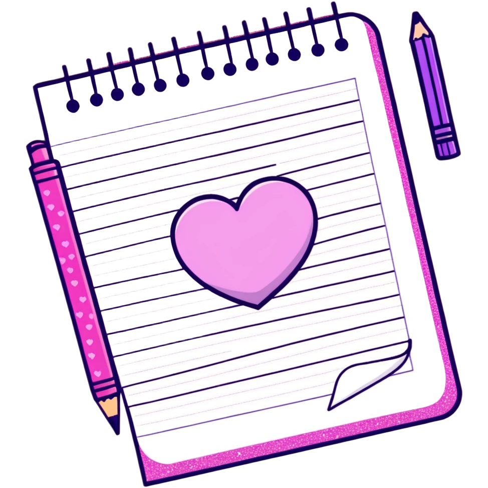 Pink sparkly notebook with purple sparkly pencil and a heart drawn on the paper  emoji