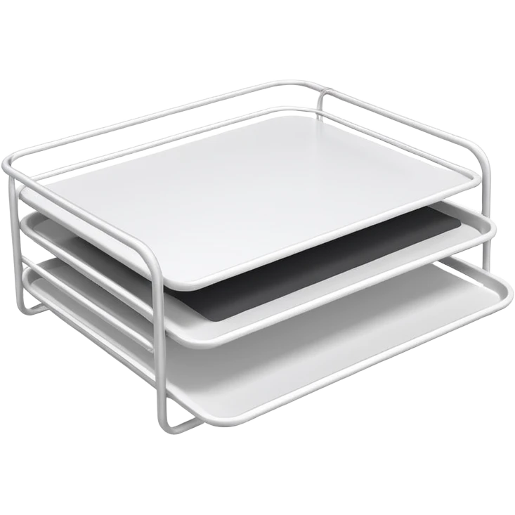 A minimal, clean emoji-style illustration of a white metal desk paper organizer tray, shown in slight isometric view so its structure is readable at a small scale. The organizer is rectangular with rounded corners, made of thin white metal wires, forming two to three stacked horizontal slots.
 emoji