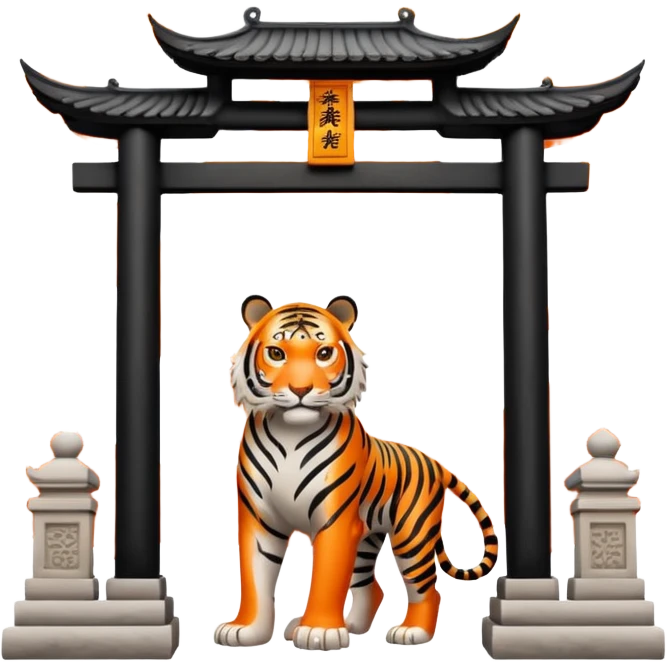 Traditional Chinese ink painting style emoji. A powerful tiger (like the ancient character 虎), standing guard in front of mystical gates (門). Energy swirls around him like a vortex (🌀). Minimalist, transparent background, 512x512 pixels. emoji