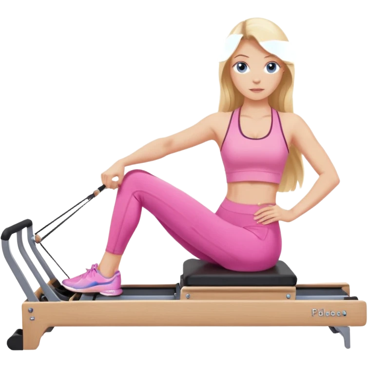  long blown out blonde hair woman blue eyes wearing pink workout set doing pilates reformer emoji