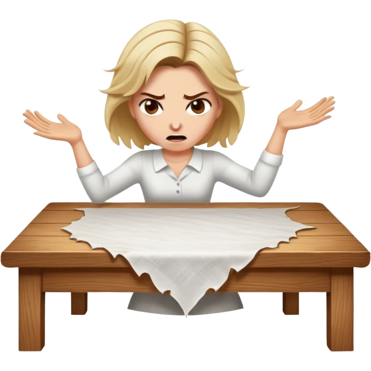 White woman ripping a white tablecloth off of a wooden table in anger emoji