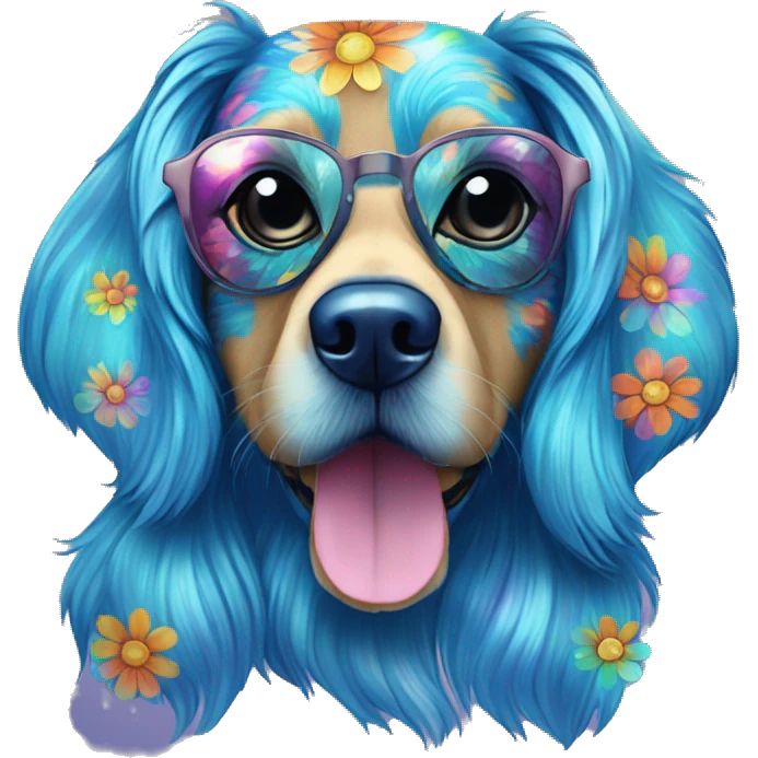 Multicolored retro groovy hippie trippy floral patterns on a metallic holographic iridescent blue dog face  emoji