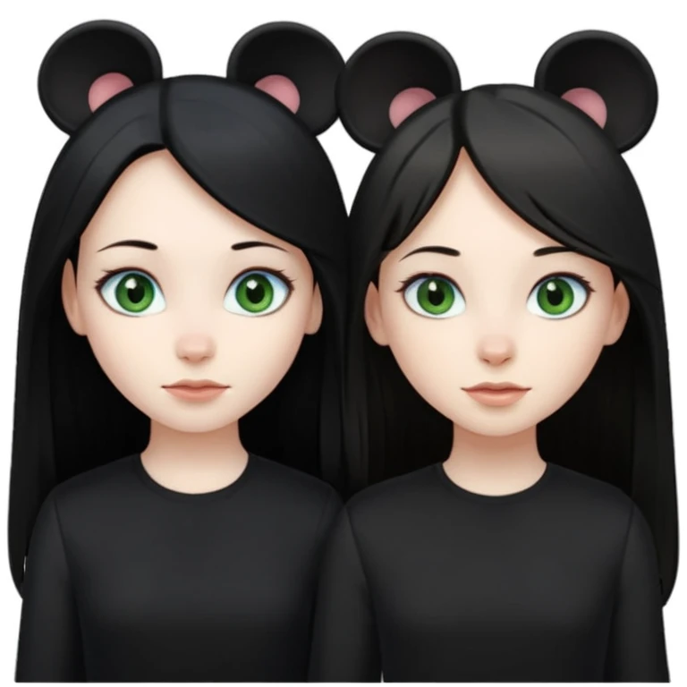 Two girls one with long black hair, blue eyes very pale skin wearing black clothes the other one with long mousey brown hair, green eyes and pale skin emoji