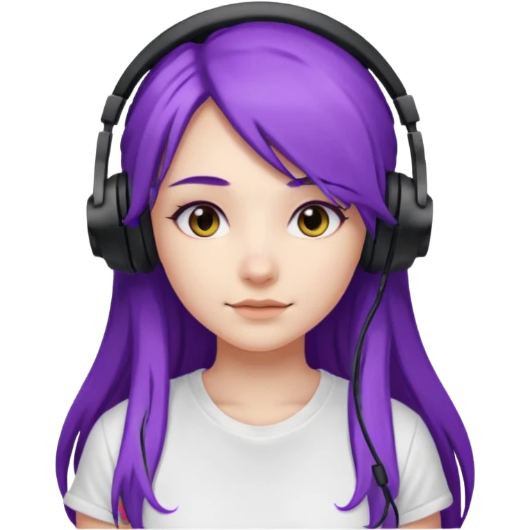 Gamer Girl with black Headset + long Purple Hair, white T-shirt emoji