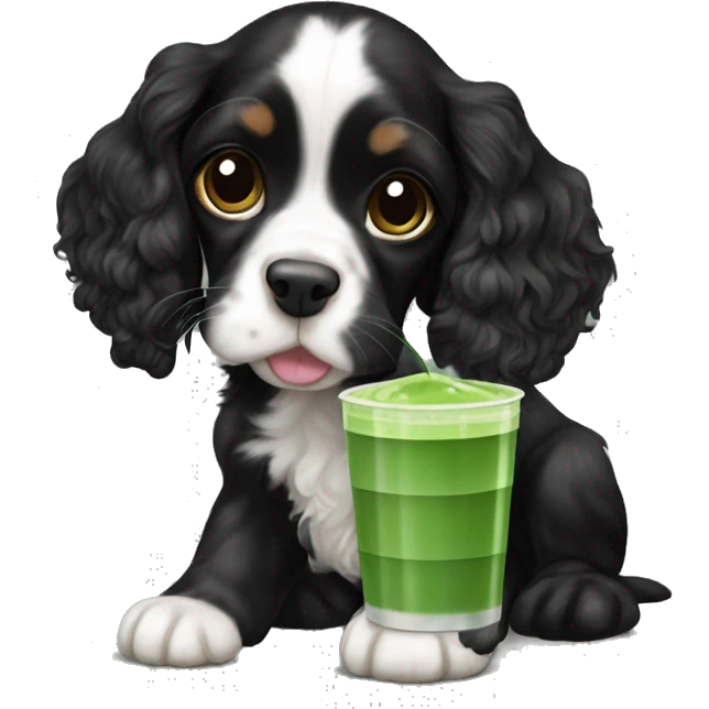Black female cocker spaniel puppy drinking matcha emoji