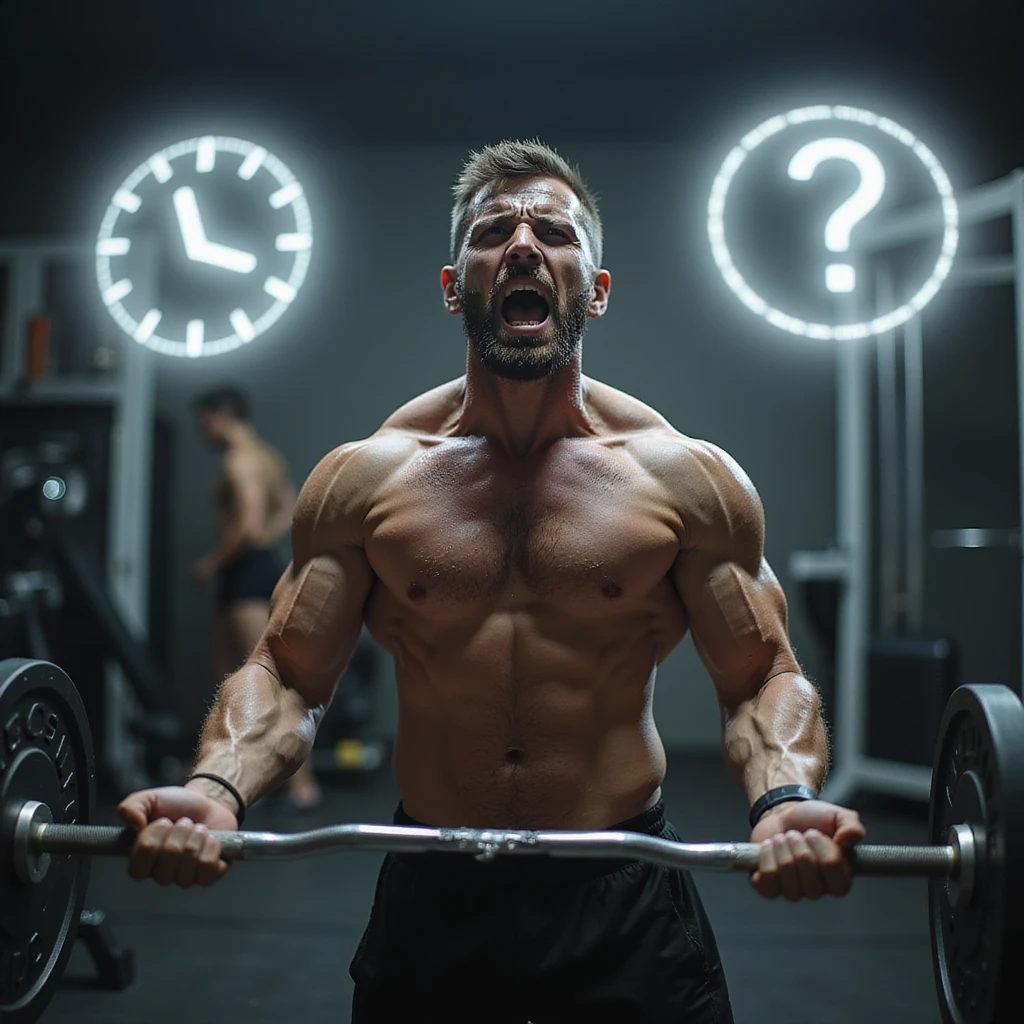 realistic, dramatic; muscular man in modern gym, lifting barbell, exhausted and strained expression, sweat, eyes show mental fatigue, background with ghostly stress icons (clocks, arguments), gym equipment, expressive body language emoji