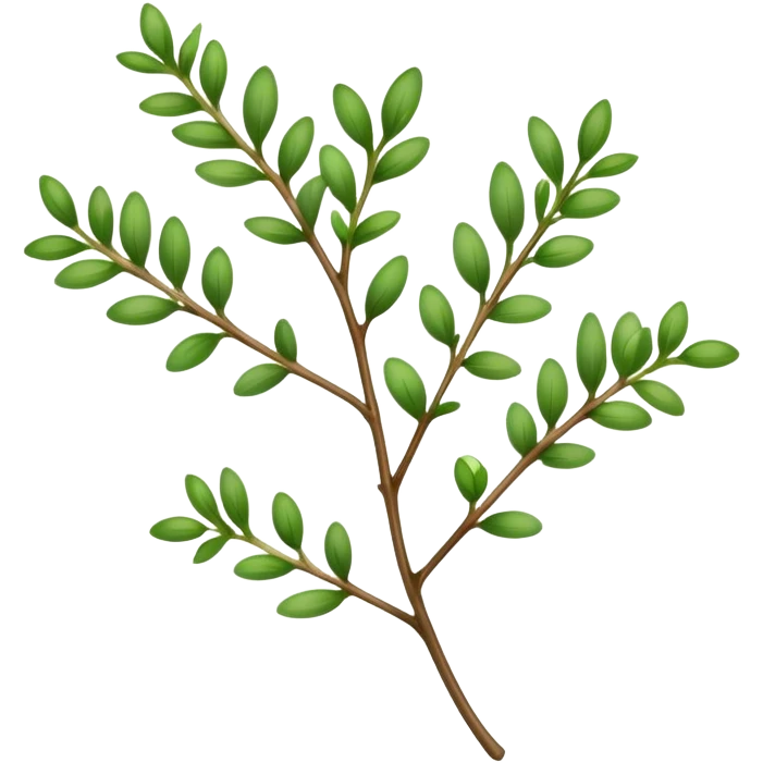 Cinematic Realistic Thyme Emoji, Compact and earthy, with tiny green leaves densely packed on delicate stems. The soft fragrance of the leaves fills the air, creating an atmosphere of warmth and subtle richness. Soft glowing outline, capturing the essence of simplicity and natural healing in a sprig of thyme! emoji