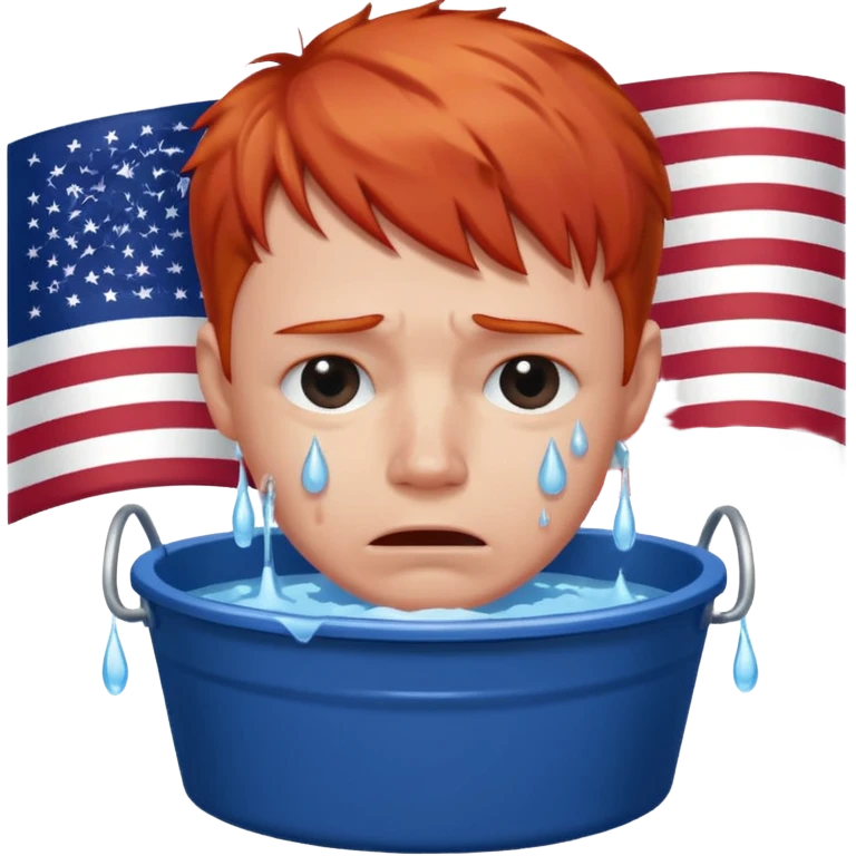 short red haired man crying into bucket with USA flag on it emoji
