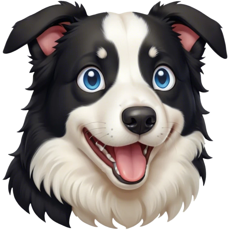 Cinematic Cute Yawning Black and White Border Collie Portrait Emoji, Head tilted slightly with a dramatic, wide-open yawn, showcasing a smooth black and white coat, floppy ears slightly drooping, round blue eyes barely open in drowsy contentment, Simplified yet irresistibly adorable features, highly detailed, glowing with a soft, cozy glow, high shine, relaxed yet alert, stylized with a touch of whimsy, bright and endearing, soft glowing outline, capturing the essence of a sleepy yet spirited herder, so drowsy it feels like it could stretch right out of the screen and curl up for a nap! emoji