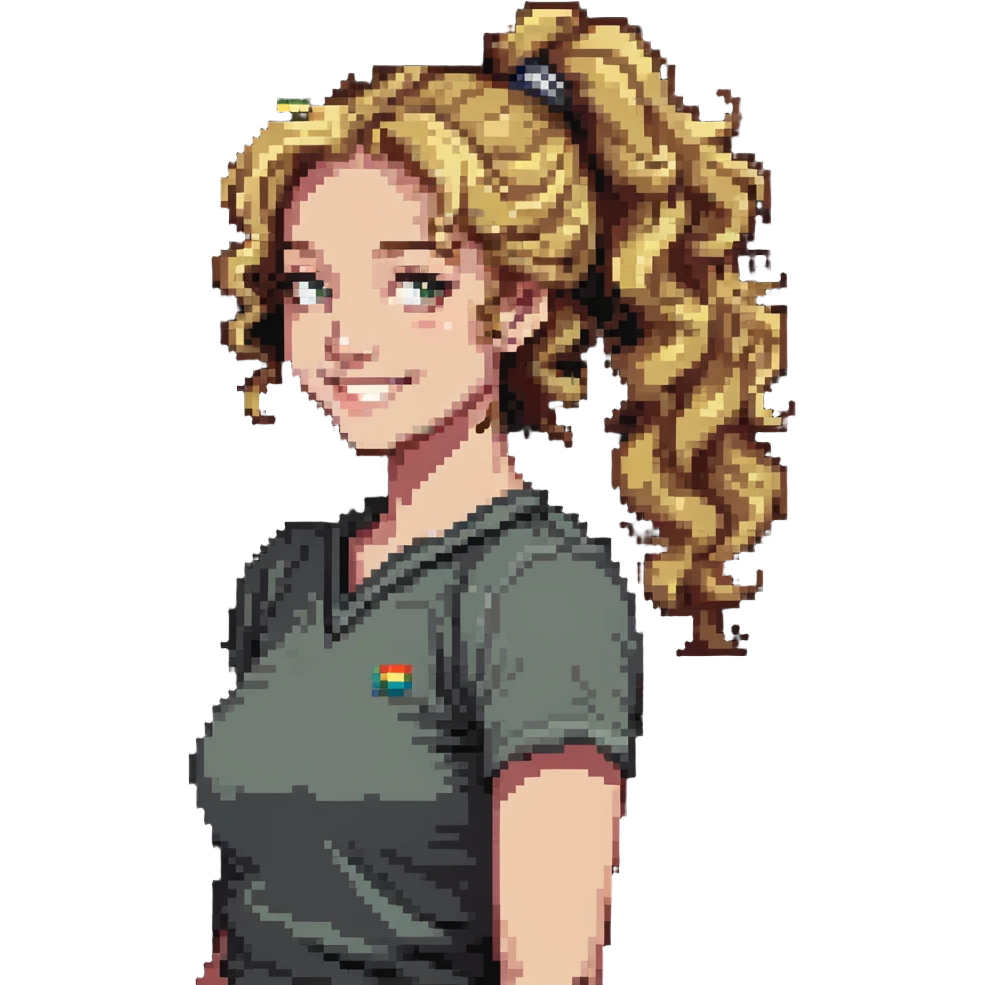 girl cruise director with curly dirty blonde hair in a ponytail, very happy emoji