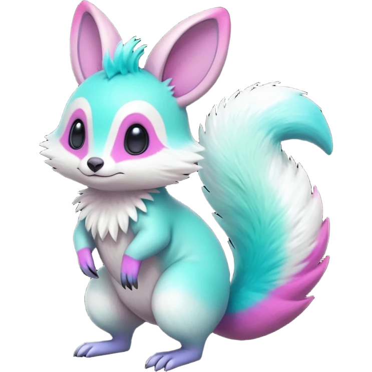 Iridescent Neon Green-Cyan-Magenta-gradients Minccino-Emolga-Numbat-Sergal-fusion-hybrid-animal-creature, full body emoji