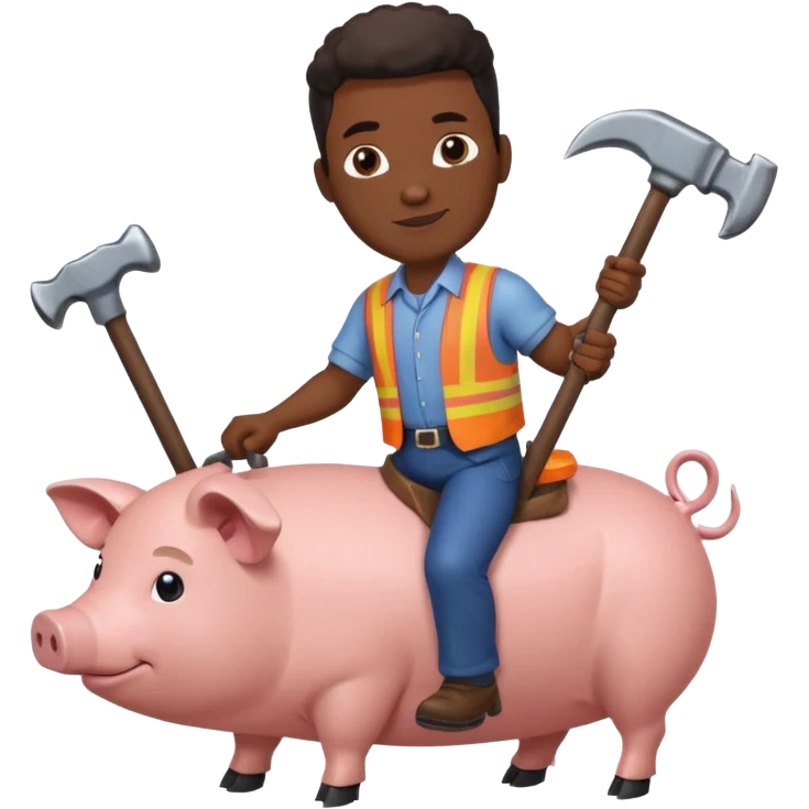 Black man holding a large hammer while riding a pig emoji