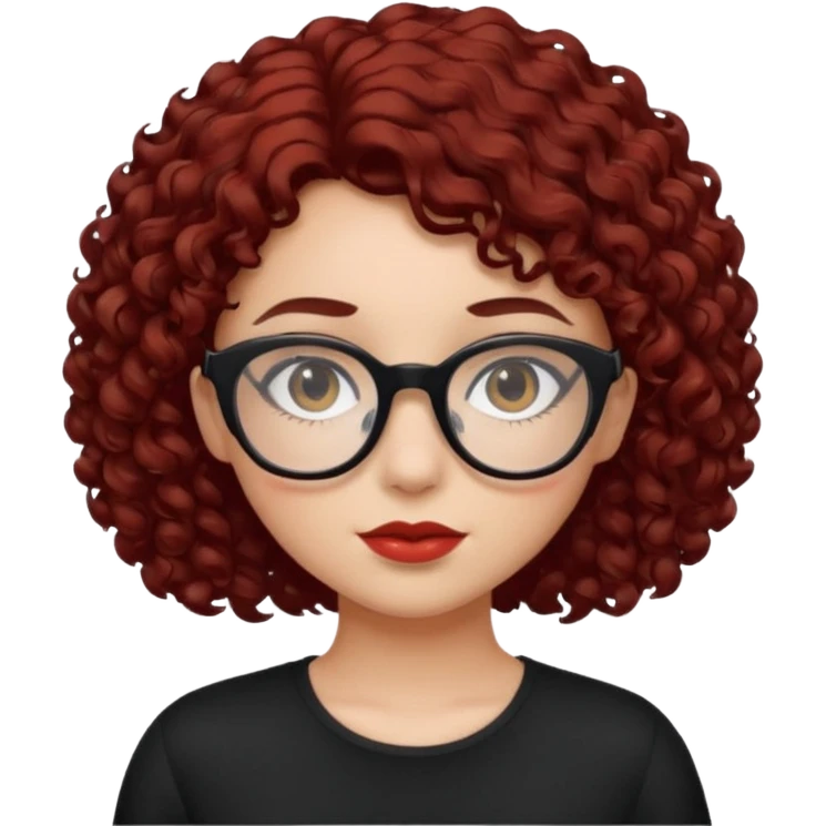 niña con pelo corto con rulos  color negro rojiso con lentes negros emoji