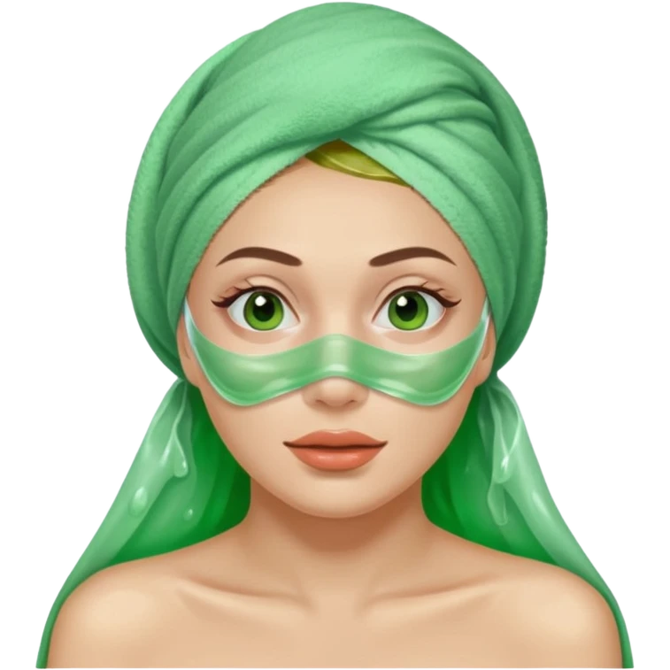 Woman with a towel over her head and green jelly mask all over her face emoji