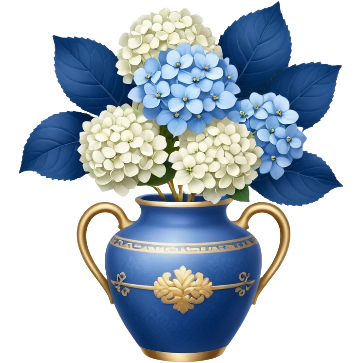 chinoiserie vase white gold handle, with white hydrangeas stem and blue hydrangeas stems emoji