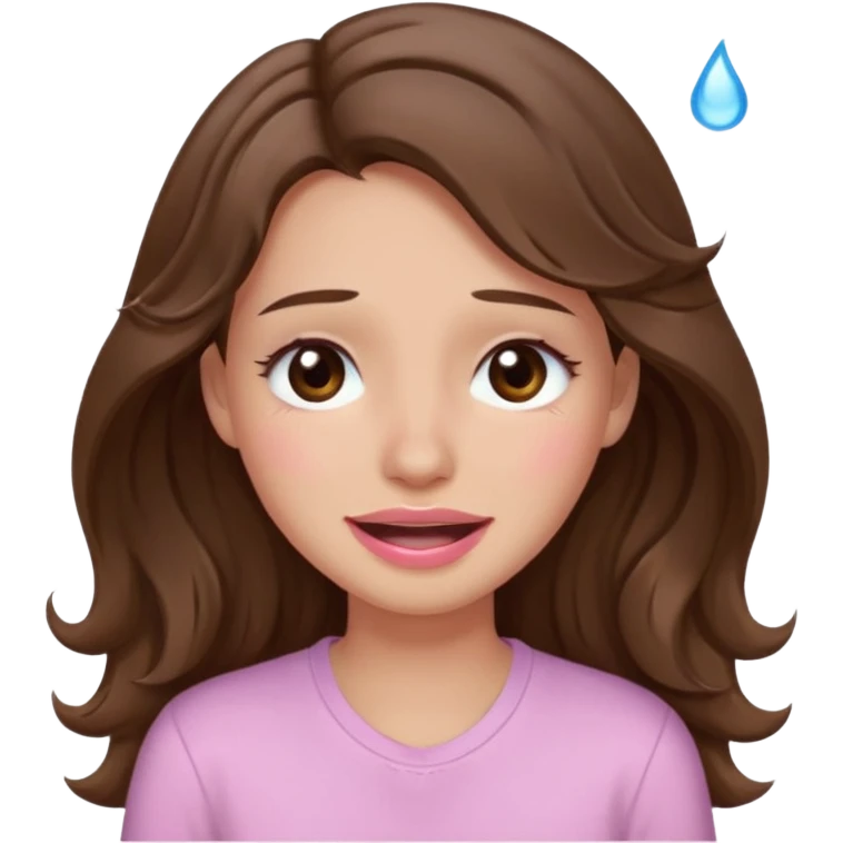 girl with wavy long brown hair, brown eyes, light to medium complexion, long lashes, light pink lipstick, wearing light pink shirt, smiling, crying  emoji