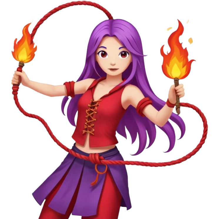 Fire rope poi dance, girl with long purple hair, red clothes emoji