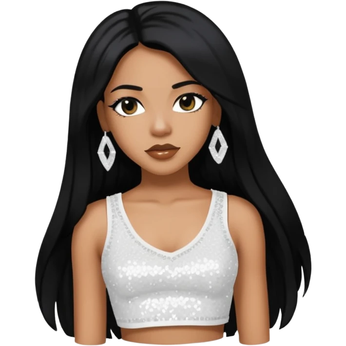 Aaliyah with long black hair, white sequin crop top, medium dark skin emoji