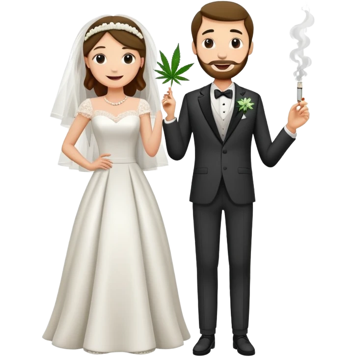 Wedding bride and groom, full body, smoking cannabis together, happy faces emoji