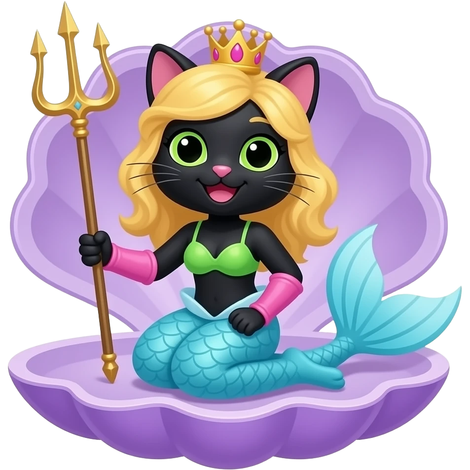 black anthro cat  happy light blue  mermaid tail with pink fins and long pink gloves  yellow hair crown green swimsuit sitting on an open purple clam holding a trident artistic creation, beautiful art cartoon style art kawaii style art clipart art emoji