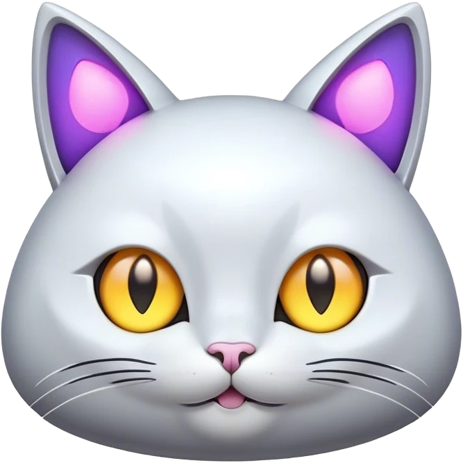 Design a simple, cute spaceship with a smooth, rounded shape. Add a 'cat-like face' on the front, with triangular shapes for ears, glowing lights for eyes, and a small curved line for a smile. Give it a playful and friendly personality. Use a plain background. emoji