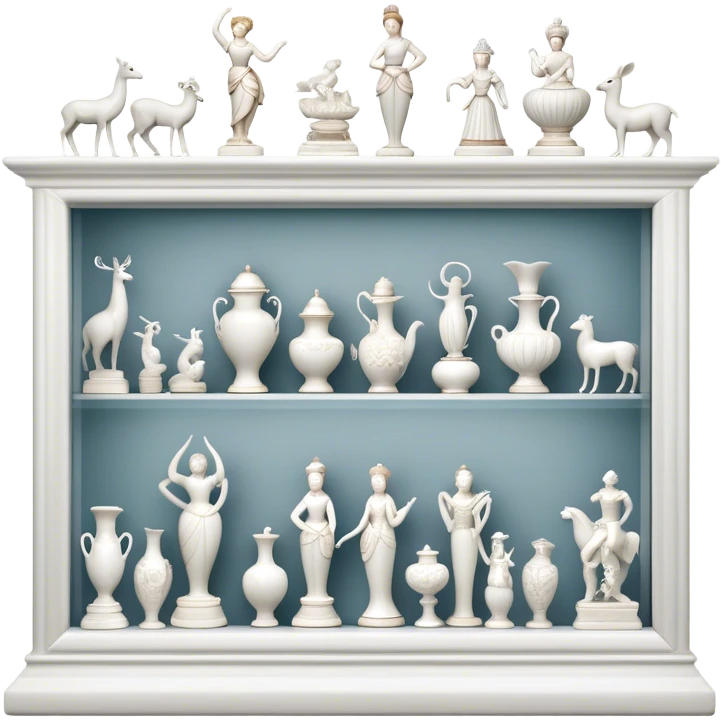 Icon for Porcelain Figurine Collecting: a collection of delicate porcelain figurines, such as animals, dancers, and historical characters, displayed on a shelf or in a display case. The icon should convey the elegance and artistry of collecting porcelain statues. Transparent background. emoji