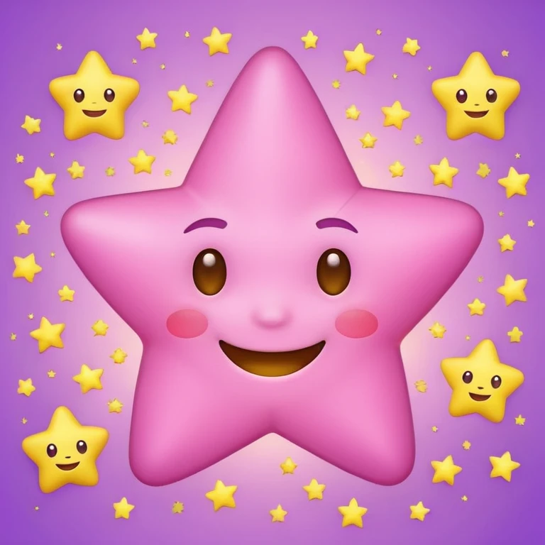 adorable pink star emoji with a smiling face, surrounded by little yellow stars, purple background emoji