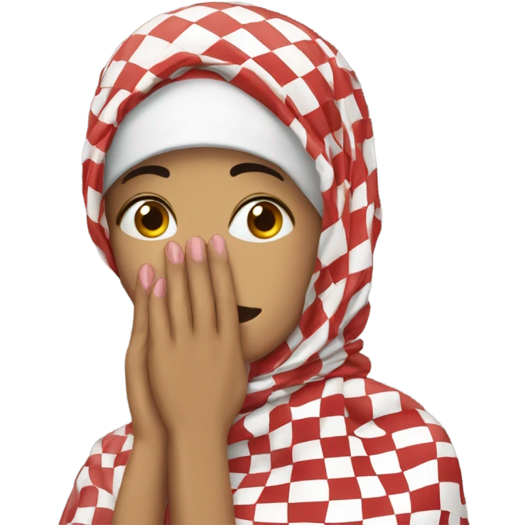 Woman wearing red and white checkered kuffiyeh hand covering mouth emoji
