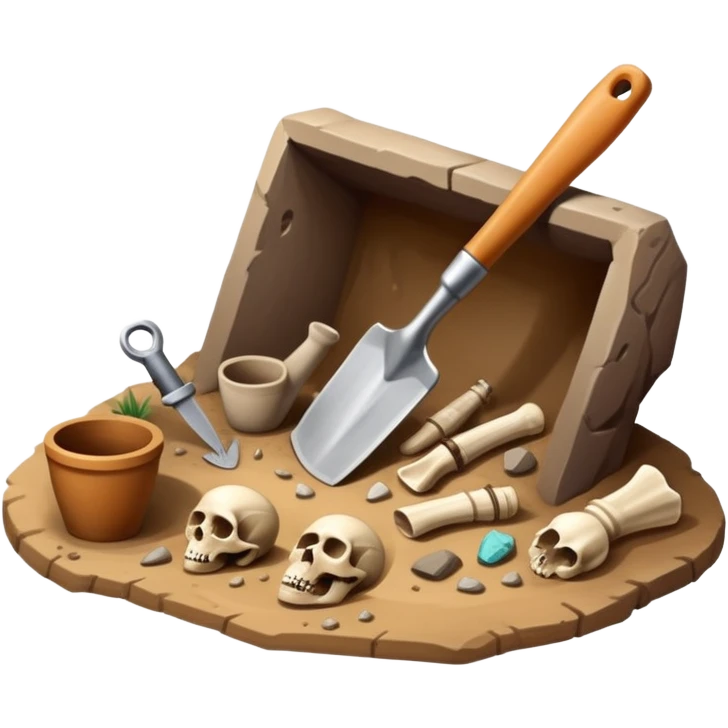 An icon featuring an excavation site with a trowel and ancient artifacts, like pottery and bones, scattered around. The design includes a partially uncovered fossil and a digging brush, symbolizing the discovery of history through archaeology. Transparent background  emoji