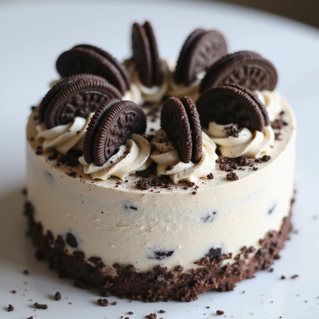 realistic round cake with cookies and cream frosting and cookie crumbles, photorealistic style emoji