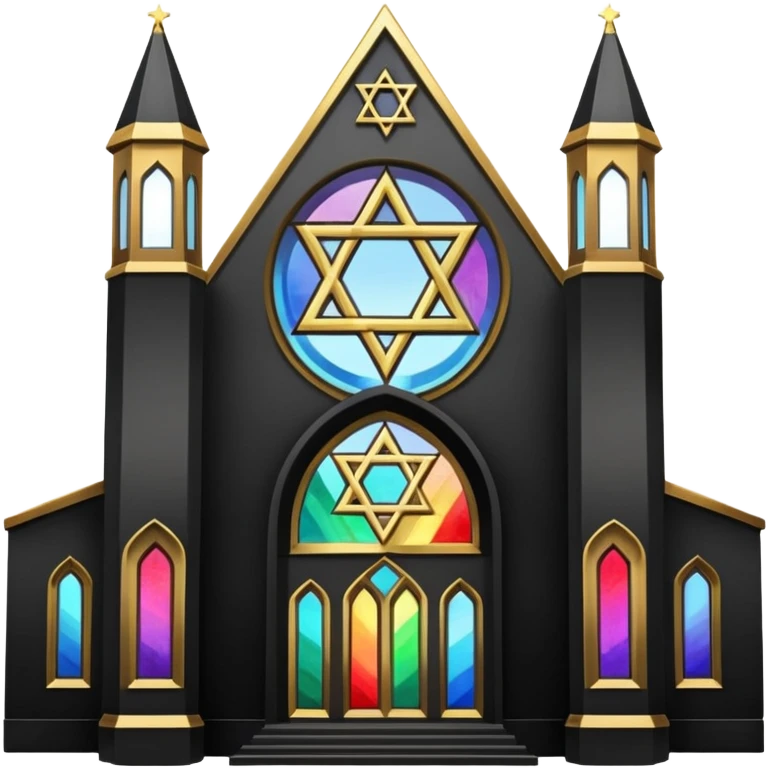 jewish synagogue temple in dark goth aesthetic style with black building and very light tint rainbow stained glass windows. and star of david and celestial symbolism emoji