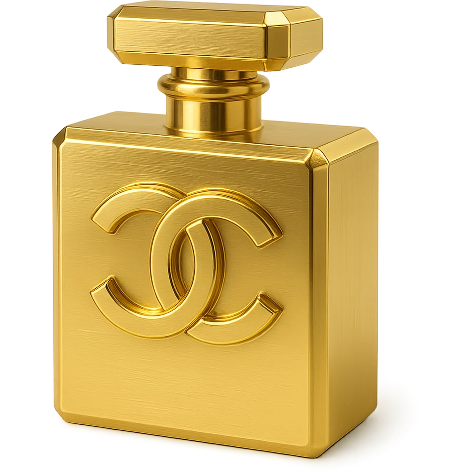 Chanel-inspired perfume bottle, metallic gold, with interlocking C's logo, minimalist and chic emoji