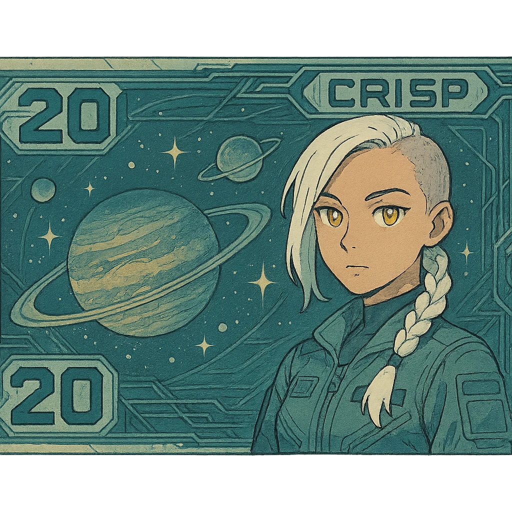 a banknote bill. full frame close up of a "20 crisp" banknote. futuristic, cyberpunk. stellar and planetary style designs adorn the bill. the face pictures is a woman in her 20's, gold yellow eyes, white hair in a single long braid, side of head shaved. she wears a military flight bdu. the final design shape is a 2:1 rectangle emoji