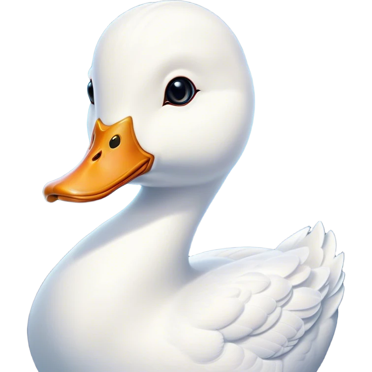 Cinematic Noble White Duck Portrait Emoji, Poised and regal, with a sleek, streamlined build and a pristine, well-groomed pure white plumage, deep-set soulful bright eyes, Simplified yet sharp and sophisticated features, highly detailed, glowing with a soft, dignified glow, high shine, intelligent and graceful, stylized with an air of aquatic elegance, focused and attentive, soft glowing outline, capturing the essence of a watchful and confident waterfowl, so majestic it feels as though it could glide out of the screen with effortless authority! emoji