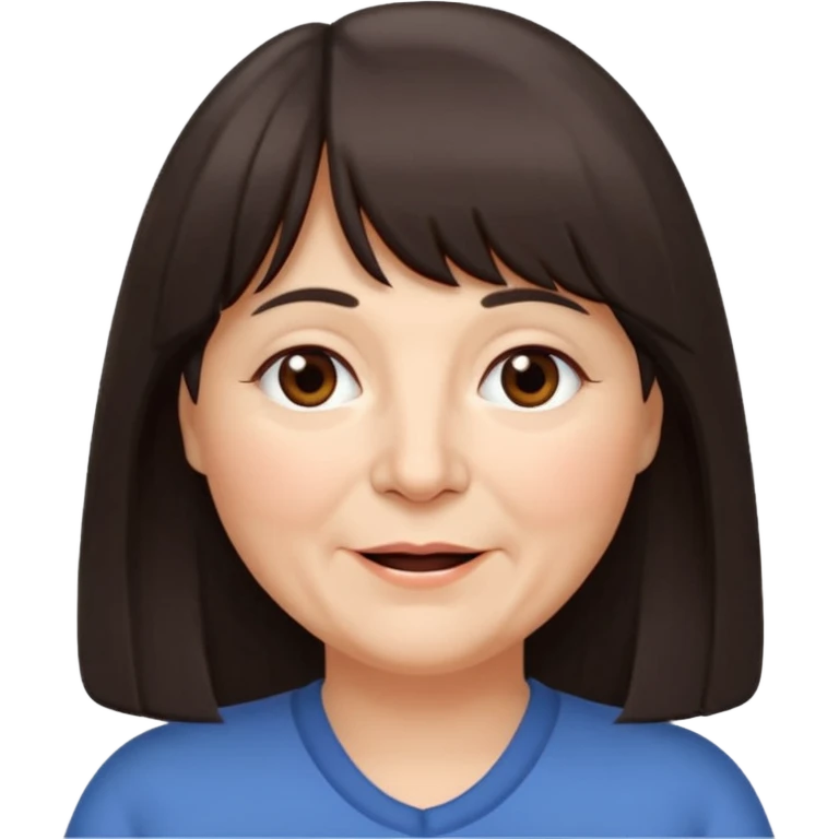 60 yr old woman, long hair to waist, very small brown eyes, long hair, straight dark brown hair, bangs, chubby, long face, very tired but happy emoji