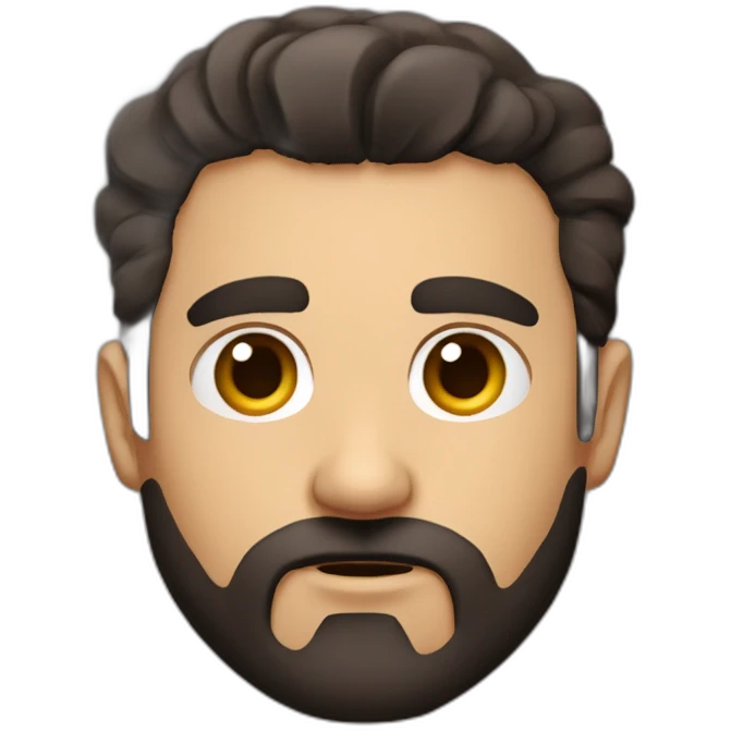 more square head, serios shut mouth, dense eyebrows, serious tired brown dark eyes,  wavy borwn dark hair, a little bit of a  thin beard emoji