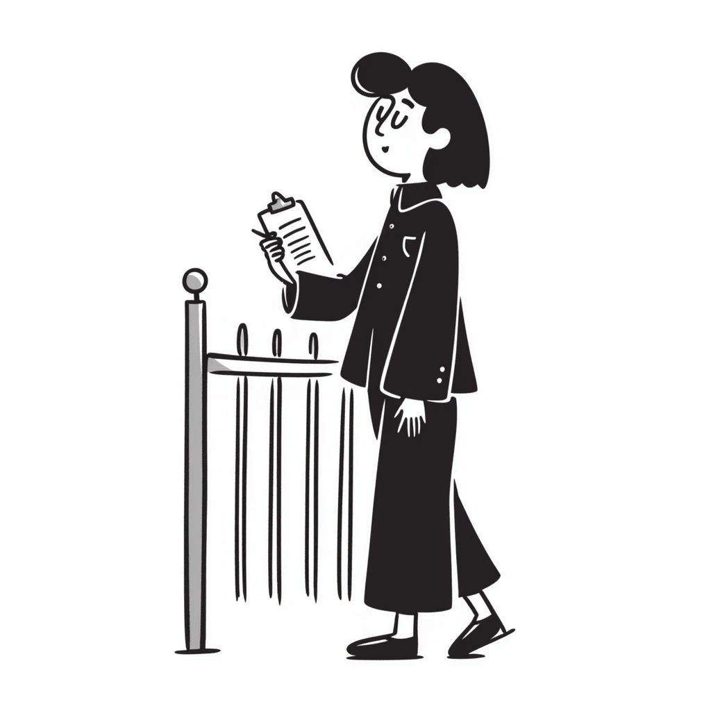 person with a clipboard at a gate, blocking entry emoji
